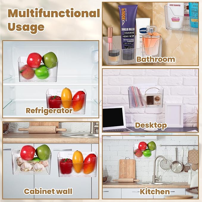 4 Pcs Storage Organizer Bins, Wall Mounted Shower Basket, Shower Caddy Stackable, Clear Plastic Makeup Organizer, Adhesive Hanging Bin for Bathroom, Kitchen, Pantry