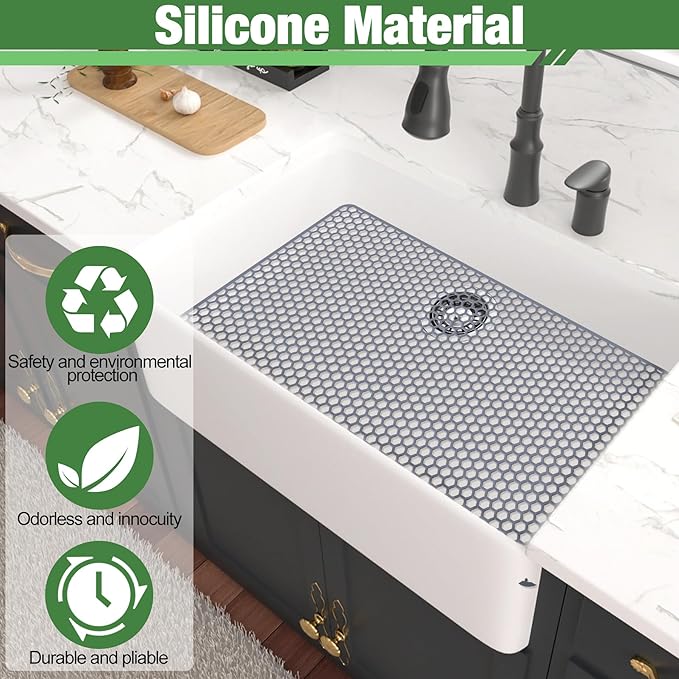 Sink Protectors Mat - 28.3"x15.55" Kitchen Sink Pad for Bottom of Basin for Protection of Stainless Steel and Tableware, Farmhouse Rubber Basin Mat Protector - Light Gray