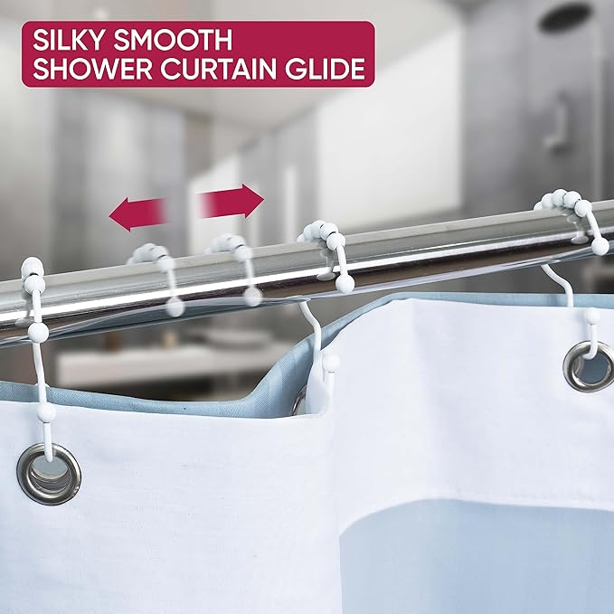 Shower Curtain Hooks Rust Proof (Set of 12) - Stainless Steel Shower Curtain Rings - Anti Slip Roller Balls for Easy Glide (Double Anchor Hooks, White)