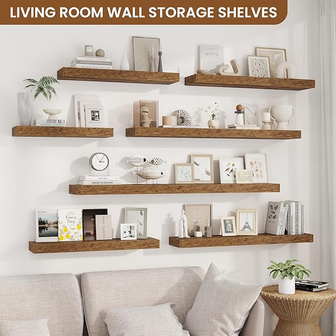 fuqing Floating Shelves for Wall, Wall Mounted Wood Floating Shelf with Invisible Brackets for Living Room, Bathroom, Bedroom, Kitchen Storage and Decor, 16 Inch Set of 2, Rustic Brown