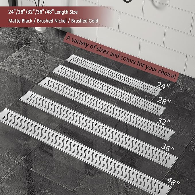 48 Inch Linear Shower Drain, Brushed Nickel Shower Drain, Removable Grate, 304 Stainless Steel, Easy to Install and Clean for Bathrooms (Drain Base Not Included), LSD-30A-48S