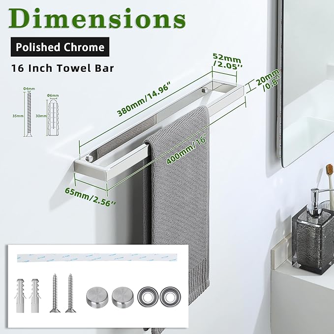 Alise Bath Towel Bar,Wall Mount Towel Holder Towel Rack Towel Hanger for Bathroom Lavatory,16 Inch SUS304 Stainless Steel Towel Rail,Polished Chrome