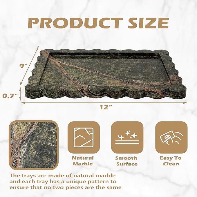 Prolee Scalloped Marble Tray,Marble Vanity Trays for Bathroom 12" x 9", Scalloped Tray,Wave Appearance Jewelry Home Decor Stone Trays for Kitchen Counter, Bathroom, Rainforest Green