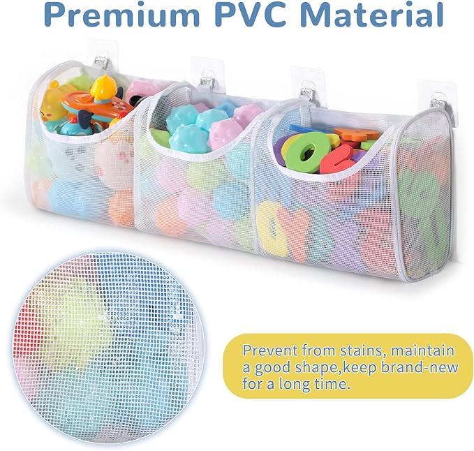 Bath Toy Storage, Large Capacity 3 Compartments Bathtub Toy Storage, Opening Bath Tub Toy Holder Organizer, Mesh Shower Caddy for Kids Baby Bathroom Toy