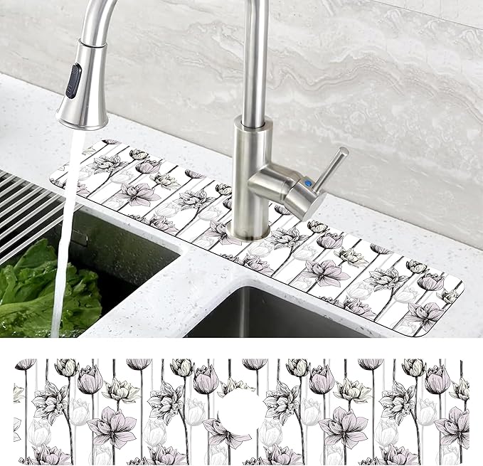Water Lily Flower Kitchen Sink Splash Guard Mat Absorbent Fast Drying Mat Faucet Draining Mat Sink Splash Guard Behind Faucet Drip Catcher for Kitchen Bathroom 5.5"×24"