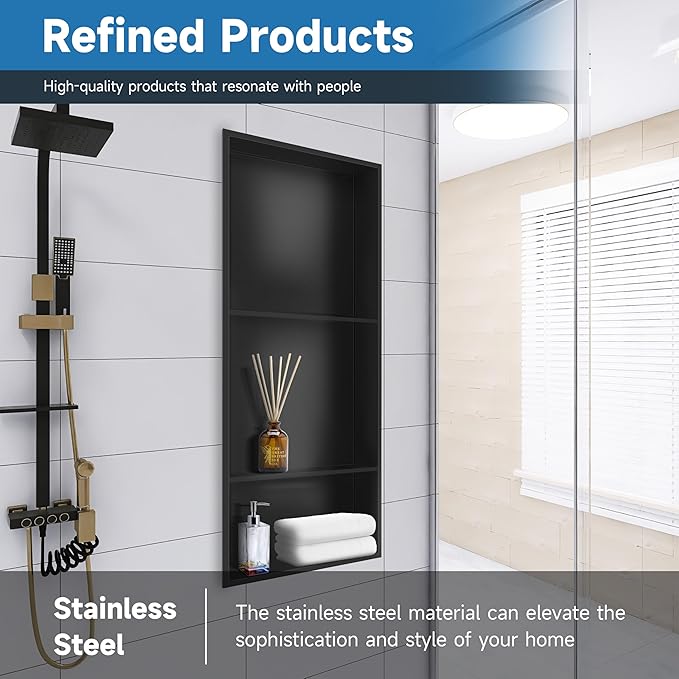 Shower Niche 13 × 31 Black, 3 Shelves Wall Niche Recessed Shelf for Bathroom Storage, Shower Niche Insert Tile Ready No Tile Needed Over Mount Installation