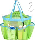 F-color Mesh Shower Caddy Portable with Drawstring - Large 8 Pockets Dorm Room Essentials for Guys Girls with S Hook, Shower Bag Basket Tote for College Camping Gym Travel Toiletry Bathroom, Green