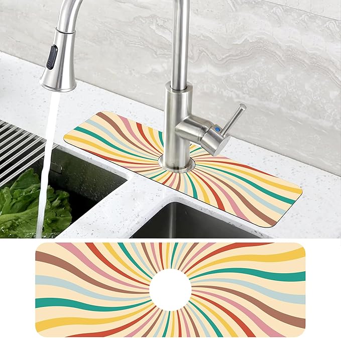 Groovy Retro Swirl Kitchen Sink Splash Guard Mat Absorbent Fast Drying Mat Faucet Draining Mat Sink Splash Guard Behind Faucet Drip Catcher for Kitchen Bathroom 5.5"×15"