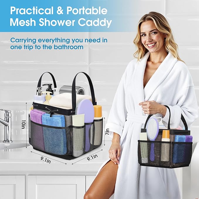 Large Mesh Shower Caddy Portable with Drawstring, 1 Main Compartment+ 7 Pockets, College Dorm Room Essentials for Girls, Shower Organizer Hanging Bag for Beach, Swim, Gym, Travel(Black)