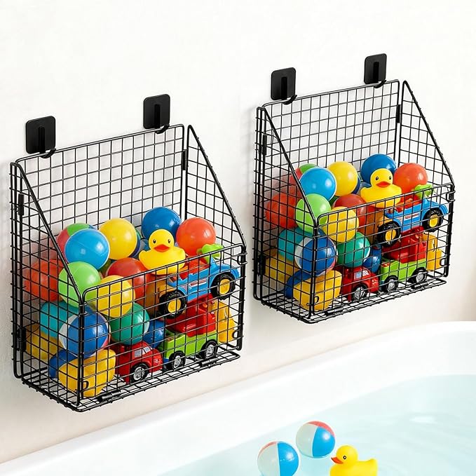 Large Bath Toy Storage, Metal Bathtub Shower Toy Holder, Foldable bath Tub Toy Organizers, Bathroom Toy Storage with Drainage for Sorting Toys/Clothes/Toiletries (2pc black)