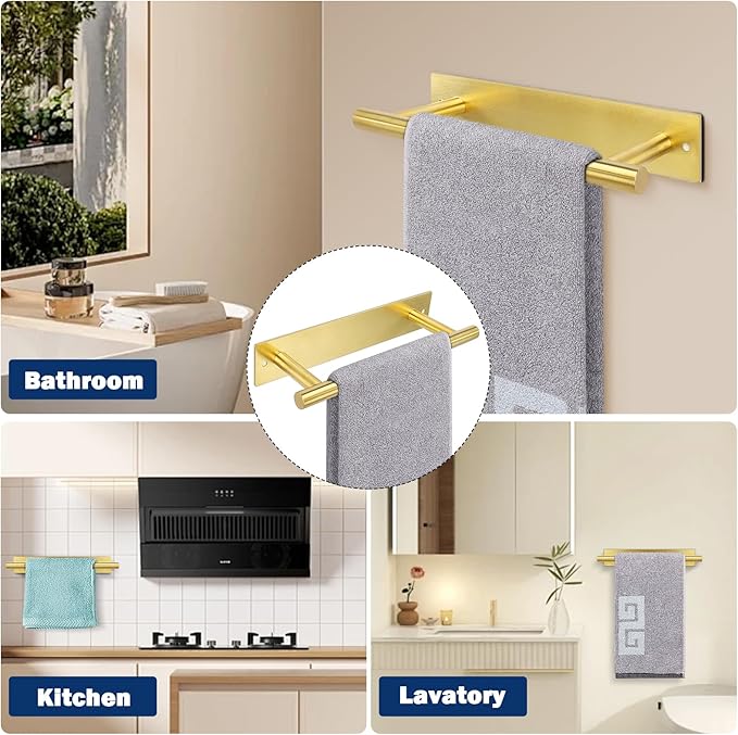 NearMoon Self Adhesive Hand Towel Holder/Towel Ring, Stainless Steel Hand Towel Bar Rustproof Stick on Wall-Towel Rack for Bathroom/Kitchen, 9 Inch Round Adhesive and Wall Mounted (Brushed Gold)
