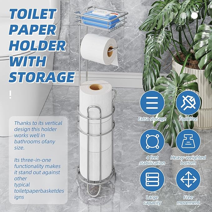 Simple Trending Toilet Paper Holder Free Standing,Toilet Paper Stand with Shelf for 4 Rolls, for Phones,Tissues,Wipes and Bathroom Toilet Paper Storage, Chrome