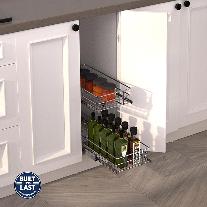 (8" W x 22" D 2-Tier Narrow Cabinet Pull Out Shelves | Heavy Duty Slide Out Shelves for Kitchen Cabinets, 22 Inch Deep Under Cabinet Organizer, Chrome