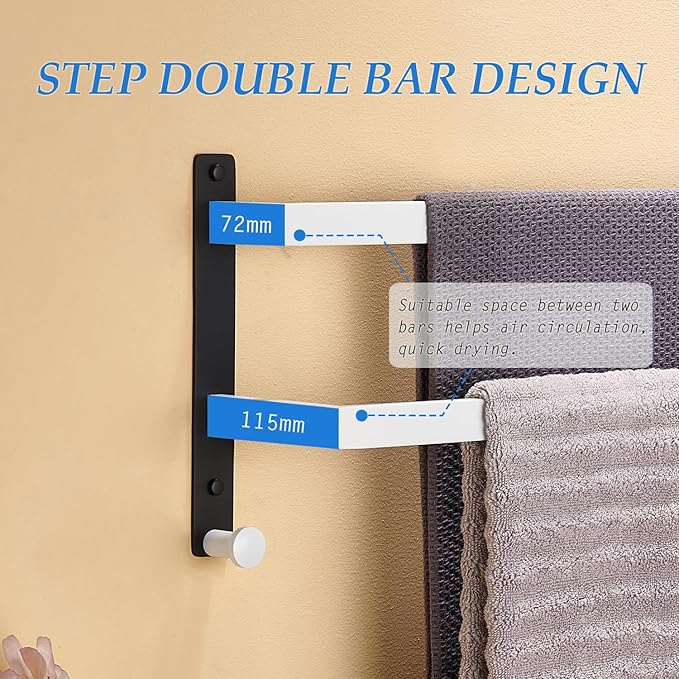 Bath Double Towel Bars with Hooks, 24 Inch Stainless Steel Towel Rail, Wall Mount Towel Rack for Bathroom Lavatory, White & Black
