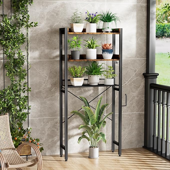 Housolution Over The Toilet Storage with 2 Drawers, 3 Tier Over Toilet Bathroom Organizer with Height Adjustable Shelves and Hooks, Space Saver Above Toilet for Bathroom/Restroom/Laundry, Black+Brown