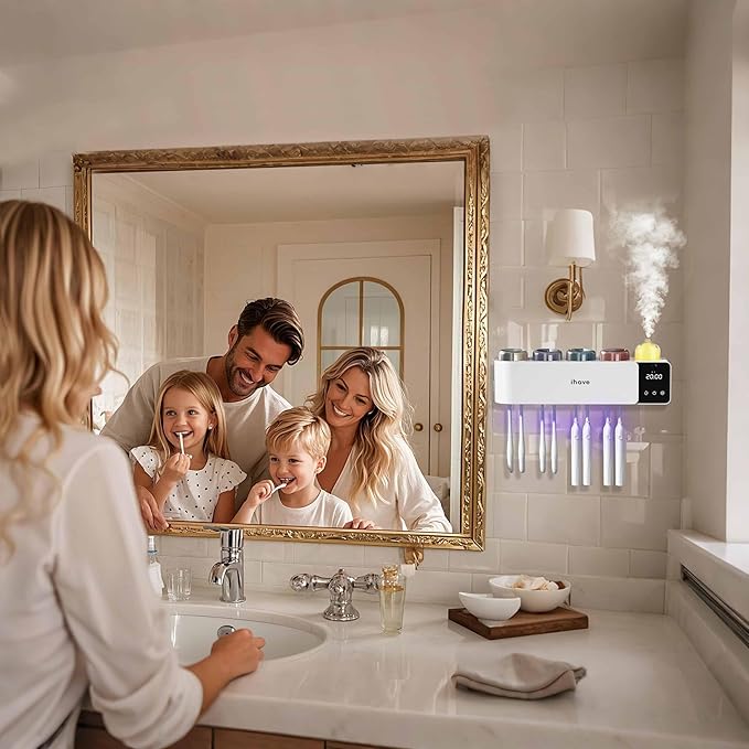 iHave Toothbrush Holders Wall Mounted with Toothbrush Sanitizer & Aromatherapy Diffuser | Auto-Cycle Disinfection, Heated Fan Drying, USB Rechargeable, IR Night Light,LED - 4 Cups Bathroom Organizer