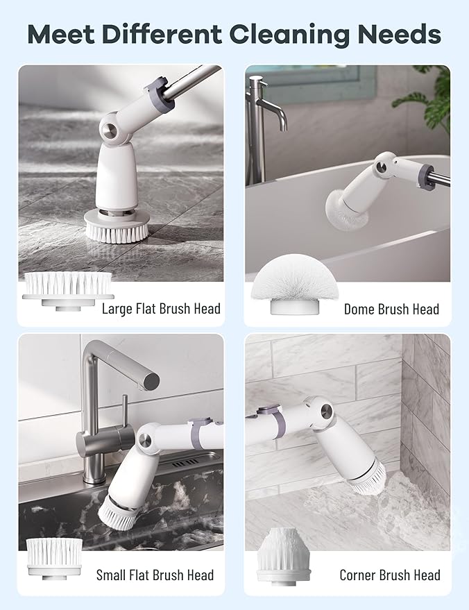 Electric Spin Scrubber,Floor Scrubber with Long Handle Power Scrubber Dual Speeds,Cleaning Brush Cordless,Shower Scrubber Scrub Brush with 3 Adjustable Angles,8 Brush Heads for Bathroom,Tile