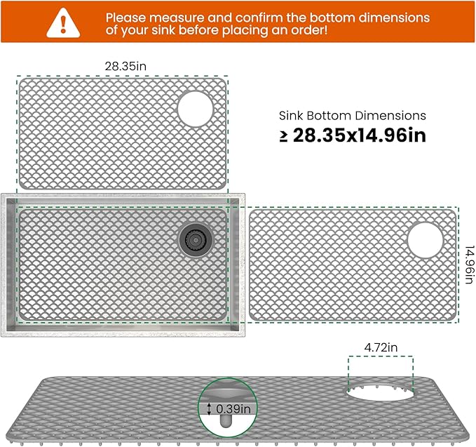 TOOVEM Sink Protectors for Kitchen Sink, 28"x 15" Silicone Kitchen Protector Accessory, Non-Slip Heat Resistant Mat for Bottom of Farmhouse Porcelain Stainless Steel with Right and Left Drain, Grey