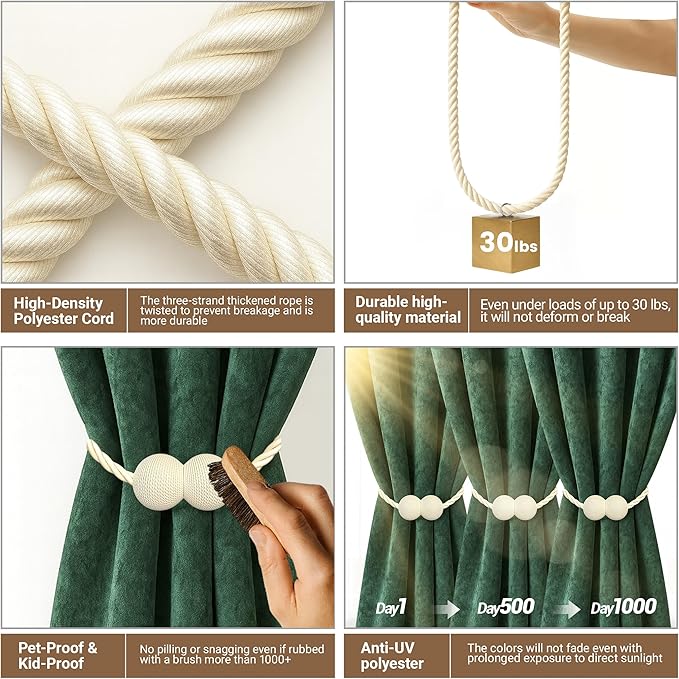 Hion Magnetic Curtain Tiebacks Beige 4 Pack, Curtain Tiebacks Buckles Holdbacks Holders Hooks Clip for Home Bedroom Office Decorative Thick or Thin Curtain