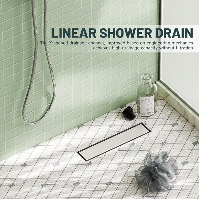 12-Inch Linear Shower Floor Drain, Stainless Steel Bathroom Floor Drains, Rectangular Shower Trench Floor Drain, Hair Strainer, Brushed Nickel