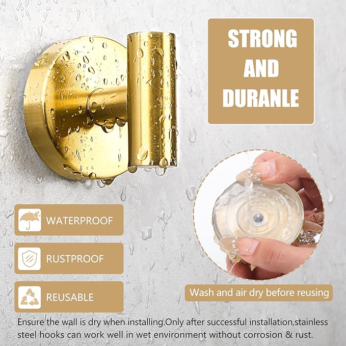 Towel Hooks Shower Suction Hook Towel Hanger for Bathroom Hanging Coat, Robe, Removable Wall Mounted Hook for Bedroom Kitchen Hotel Pool Brushed Gold(2-Pack)