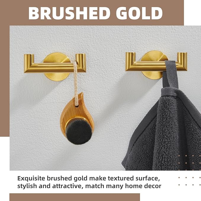 APLusee Brushed Gold Double Towel Hook 2 Pack, 304 Stainless Steel Clothes Hook, Wall Mounted