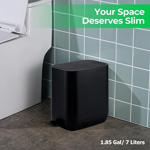 1.85 Gallons 7 Liters Slim Small Kitchen Trash Can with Lid Soft Close Dust Bin Step Pedal Garbage Waste Home Bathroom Office ABS Smooth Washable Cubo de Basura Cocina Black