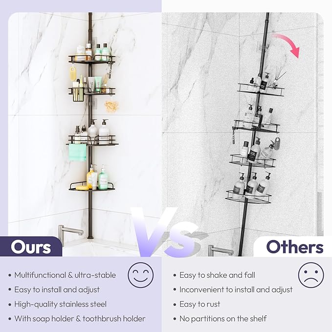 SWTYMIKI Shower Caddy Tension Pole - 4-Tier Corner Shower Organizer Tension Rod, Toothbrush Holder & 4 Hooks, Adjustable Stainless Steel Bathroom Organizer 27.6 to 108.3 inch, Black with Towel Bar