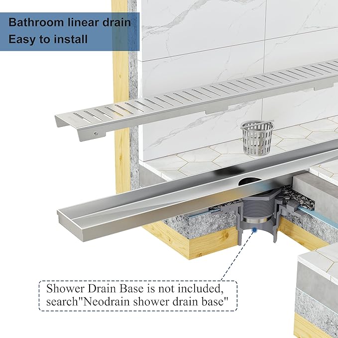 Neodrain 36" Brushed Linear Shower Drain Shower Linear Drain, Removable Capsule Pattern Grate, Bathroom 304 Stainless Steel Rectangle Shower Floor Drains- CUPC Certified