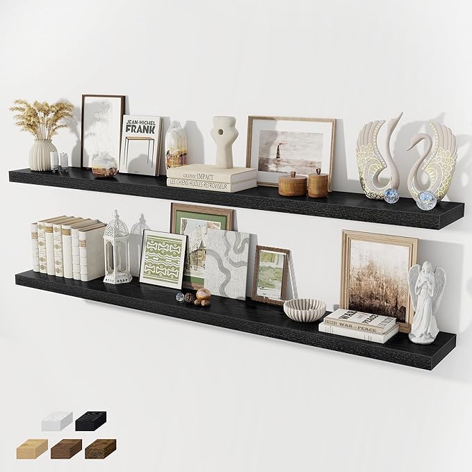 Fun Memories 72 Inch Floating Shelves for Wall 8 Inch Deep Black Shelves Set of 2, Wall Mounted Rustic Wood Long Floating Shelf, Large Display & Storage Shelf with Invisible Brackets