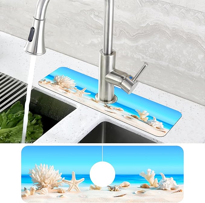 Tropical Beach Seashells Kitchen Sink Splash Guard Absorbent Fast Drying Mat Faucet Draining Mat Behind Faucet Drip Catcher for Kitchen Bathroom 5.5"15"