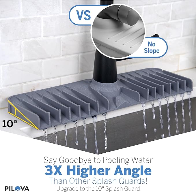 Premium Kitchen Sink Splash Guard - [18" x 5.7"] Silicone Sink Mat with Secure Clip, 10° Slope Silicone Faucet Mat for Kitchen Sink, Splash Guard Behind Faucet, Non-Slip Secure Fit