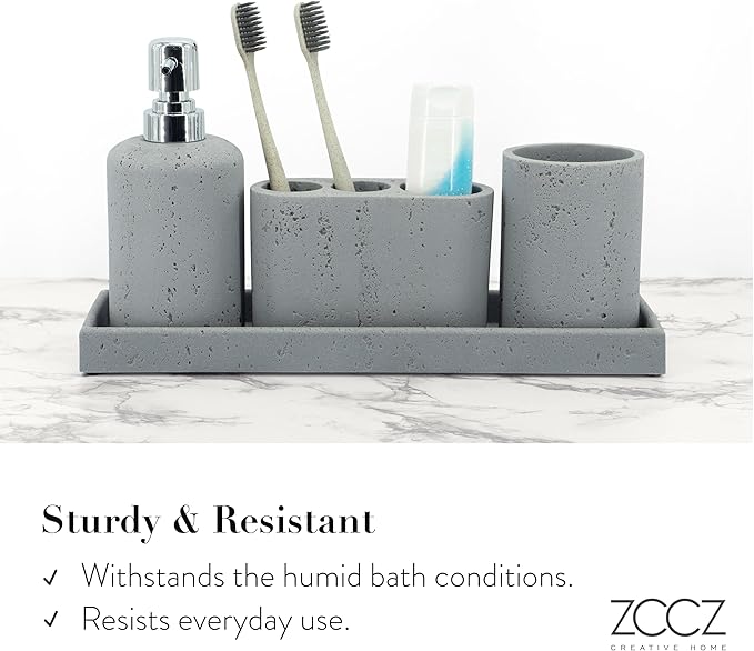ZCCZ -Beige Bathroom Accessories Set 4 Pcs - Toothbrush Holder, Soap Dispenser, Vanity Tray, Bathroom Tumbler - Countertop Vanity Organizer - Bathroom Accessory Set- Toothbrush Holder Set, Stone Sets