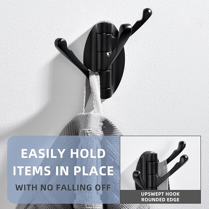 Angle Simple Folding Towel Hook Matte Black, Metal Swivel Robe Hook, Bathroom Towel Holder, Clothes Coat Holder for RV Home Storage, Wall Mount