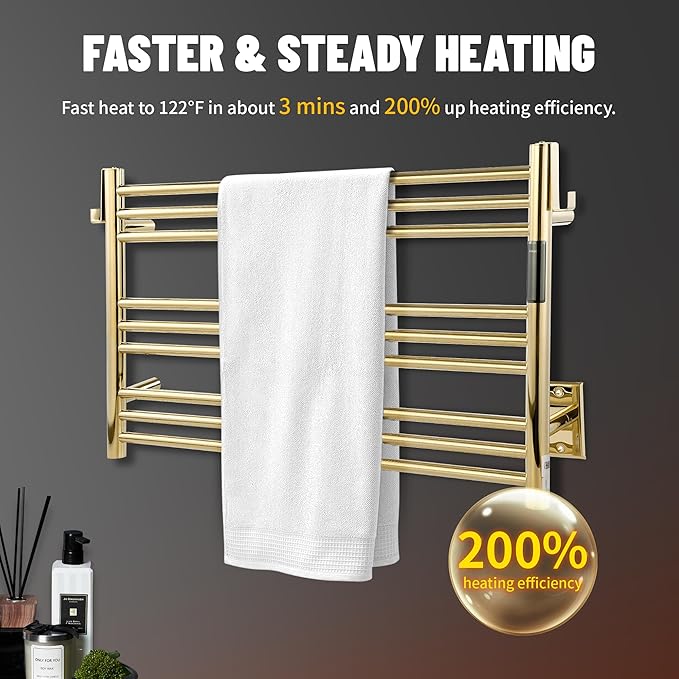 K&KALONZO Towel Warmer for Bathroom, Wall-Mounted 9-Bar Heated Towel Rack with Built-in Timer, Waterproof Electric Towel Heater, Support Plug-in and Hardwired, Polished Gold, EL13M