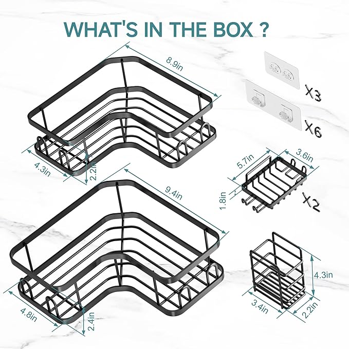 Veken Corner Shower Caddy 5-Pack, Advanced Rustproof Design, No Drilling Adhesive Shelves, Rack with Soap Holder, Large Capacity Bathroom Organizers and Storage, Wall-Mounted Kitchen & Home Decor