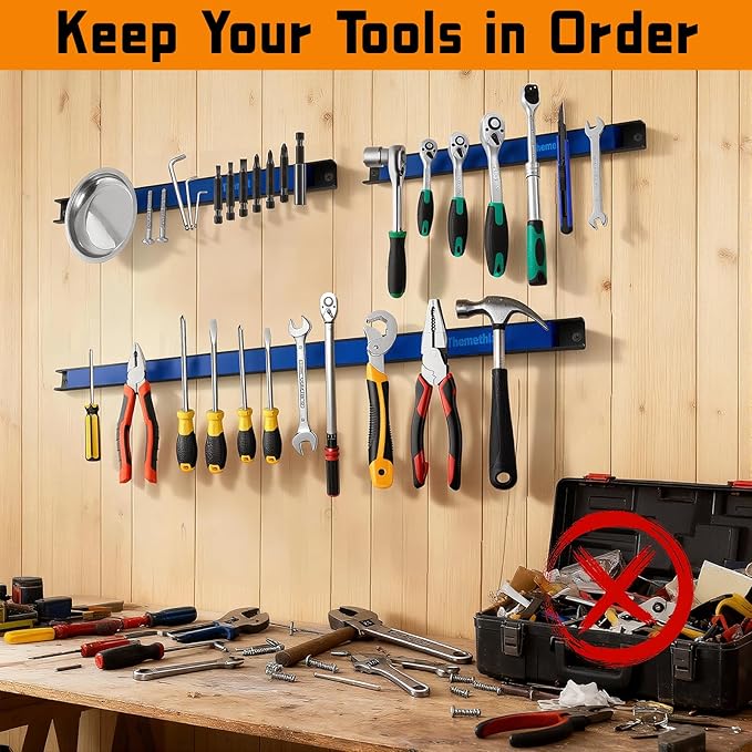 12" Magnetic Tool Holder Strip, 4 Pieces Blue Metal Tool Organizer Rack with Stainless Steel Surface, Magnet Bar for Garage Workshop, Easy To Install with Mounting Screws