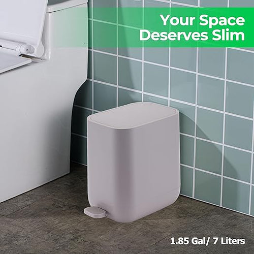 1.85 Gallons 7 Liters Slim Small Bathroom Trash Can with Lid Soft Close Dust Bin Step Pedal Garbage Waste Home Kitchen Bin Office Smooth ABS Washable Cubo de Basura Cocina Grey