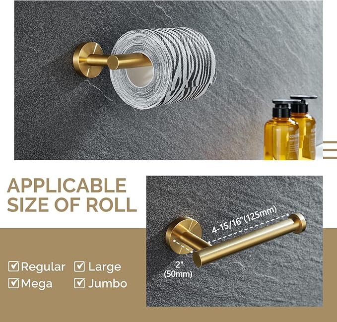 Bathroom Hardware Set 4-Piece Brushed Gold, Angle Simple SUS304 Stainless Steel Bathroom Fixtures Accessory Kit with Towel Hook X 2, Toilet Paper Holder and Rotary Towel Ring, Wall Mount