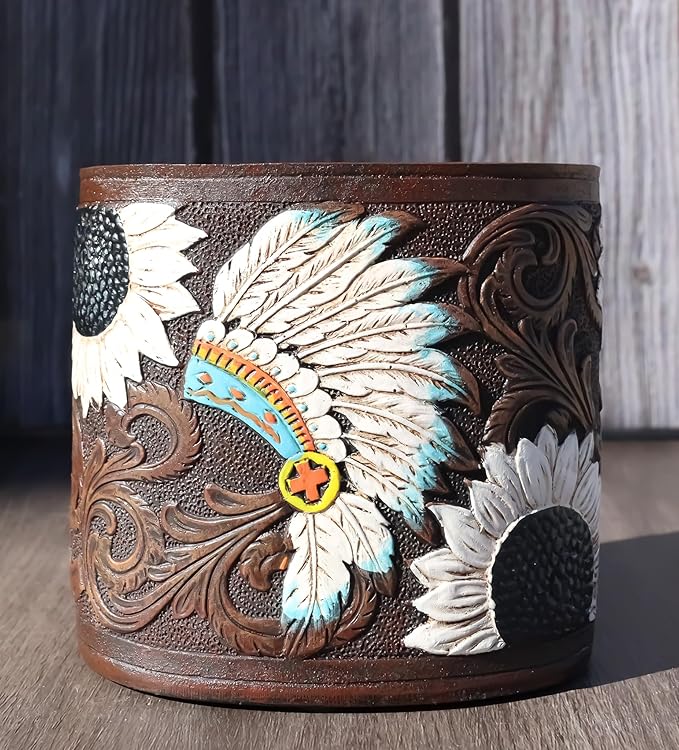 Ebros Gift Southwestern Native American Indian Chief Headdress Eagle Feathers with Scrollwork Toothbrush and Toothpaste Holder Bathroom Vanity Accent Decor Accessories