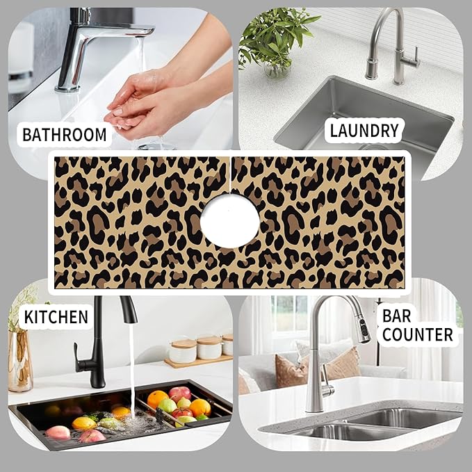 Absorbent Splash Guard Mat for Kitchen Sink, 15×5.5 Inch Cute Fast Drying Drip Catcher Behind Faucet Mat, Non-Slip, Washable Sink Mat Gadgets for Bathroom, Kitchen, Bar Brown Leopard