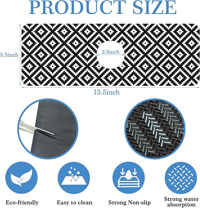 White Geometric Tile Faucet Mat Splash Guard Stylish Texture Rhombu, Soft Diatom Mud Material, Strong Water Absorption, Non-slip,Easy to Clean for Bathroom, Kitchen 15"X5.5"