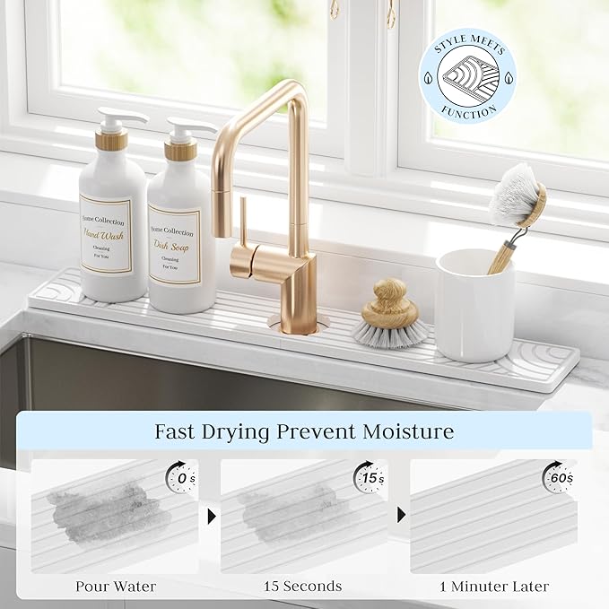 Faucet Mat for Kitchen Sink, Water Absorbing Stone Tray for Sink, 23.6" Long Diatomite Fast Drying Stone Mat, Splash Guard Stone Faucet Mat for Bathroom Counter