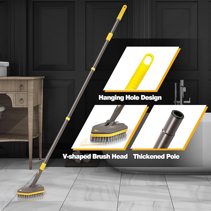 NEWE Shower Cleaner Brush, Tub Tile Scrubber with Telescopic Long Handle 56 inches, 4 Scrub Heads for Cleaning Bathroom Bathtub Floor Baseboard Sink Kitchen Toilet (Brown Yellow)