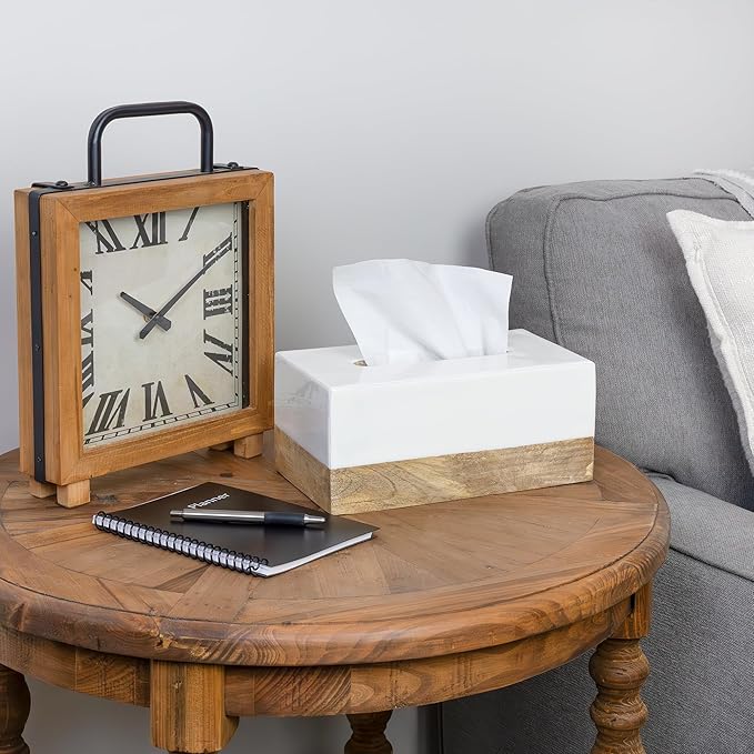 AuldHome Design Rectangular Tissue Box Cover (Enamel/Mango Wood); Minimalist Scandinavian Decor White Oblong Tissue Holder