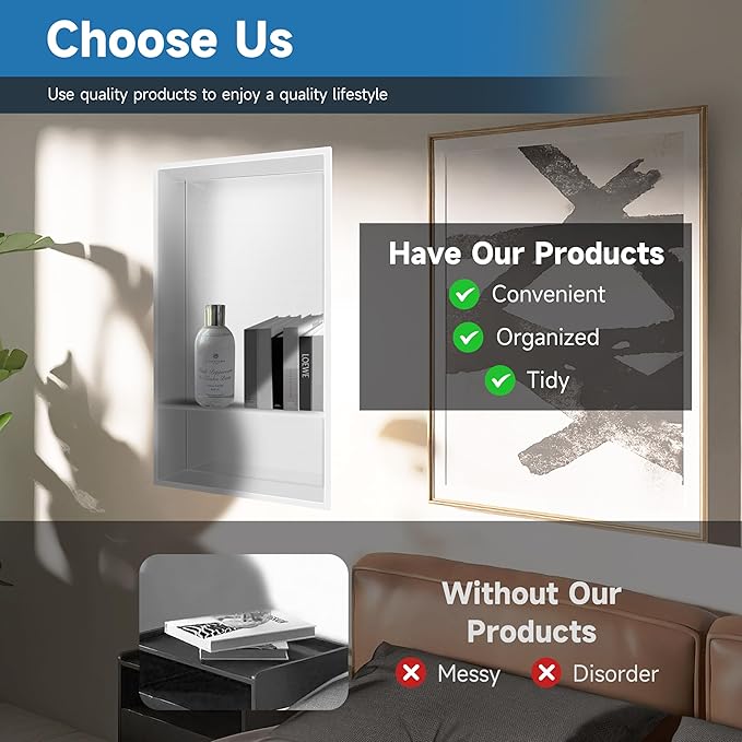 Shower Niche 13" X 25" White, Stainless Steel Wall Niche Double Shelves Recessed Shower Shelf for Bathroom Storage, No Tile Needed Over Mount Installation
