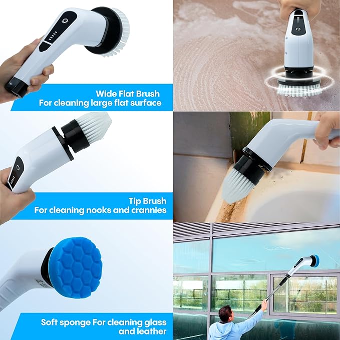 Generic Befrima Electric Spin Scrubber 7 in 1 - Waterproof Electric Cleaning Brush, Cordless Shower Scrubber with Adjustable Handle, Electric Spin Scrubber 360° and Dual Speed for Cleaning Bathroom