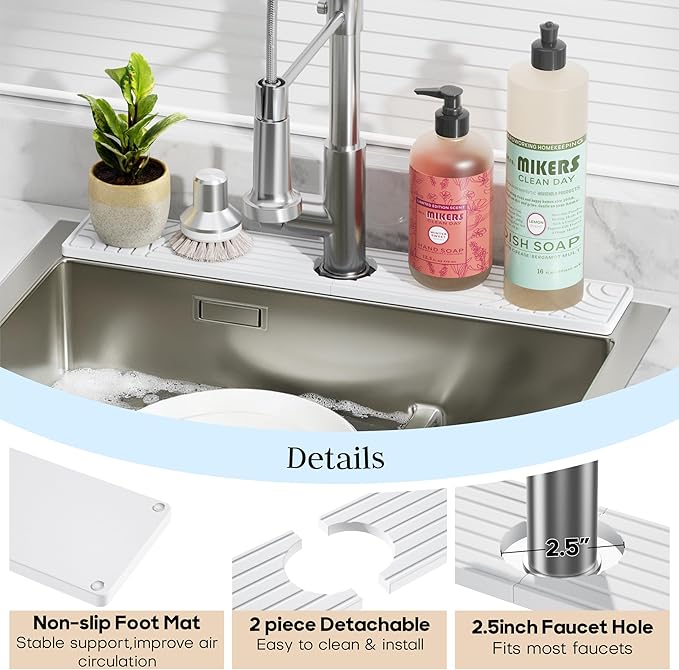 Faucet Mat for Kitchen Sink, Water Absorbing Stone Tray for Sink, 23.6" Long Diatomite Fast Drying Stone Mat, Splash Guard Stone Faucet Mat for Bathroom Counter
