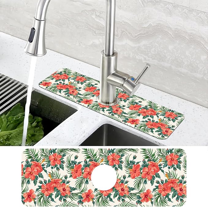 Tropical Leaves and Red Floral Kitchen Sink Splash Guard Mat Absorbent Fast Drying Mat Faucet Draining Mat Sink Splash Guard Behind Faucet Drip Catcher for Kitchen Bathroom 5.5"×15"
