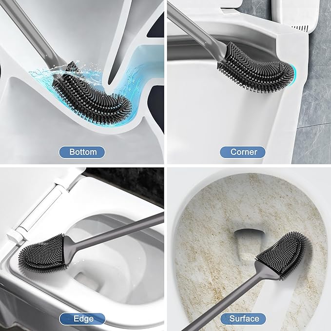 Toilet Brush and Holder Set - Flexible Silicone Toilet Bowl Scrubber Brush, Compact Bathroom Brush with Ventilation Base, Black